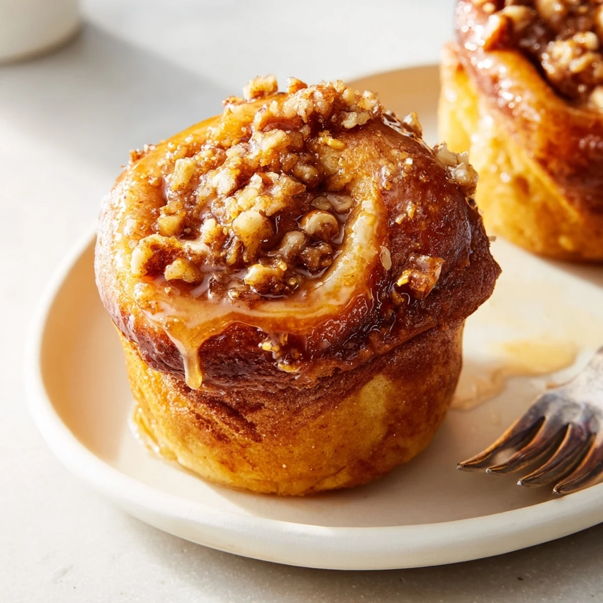 Fluffy Maple Bourbon Cinnamon Pretzel Pancake Muffins with crunchy pretzel topping.  
