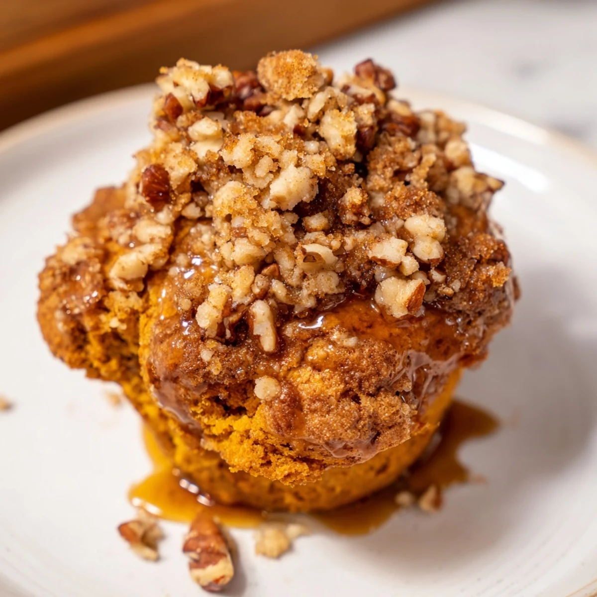 Warm Maple Ginger Spicy Pumpkin Biscuit Muffins topped with pecans and maple syrup.  
