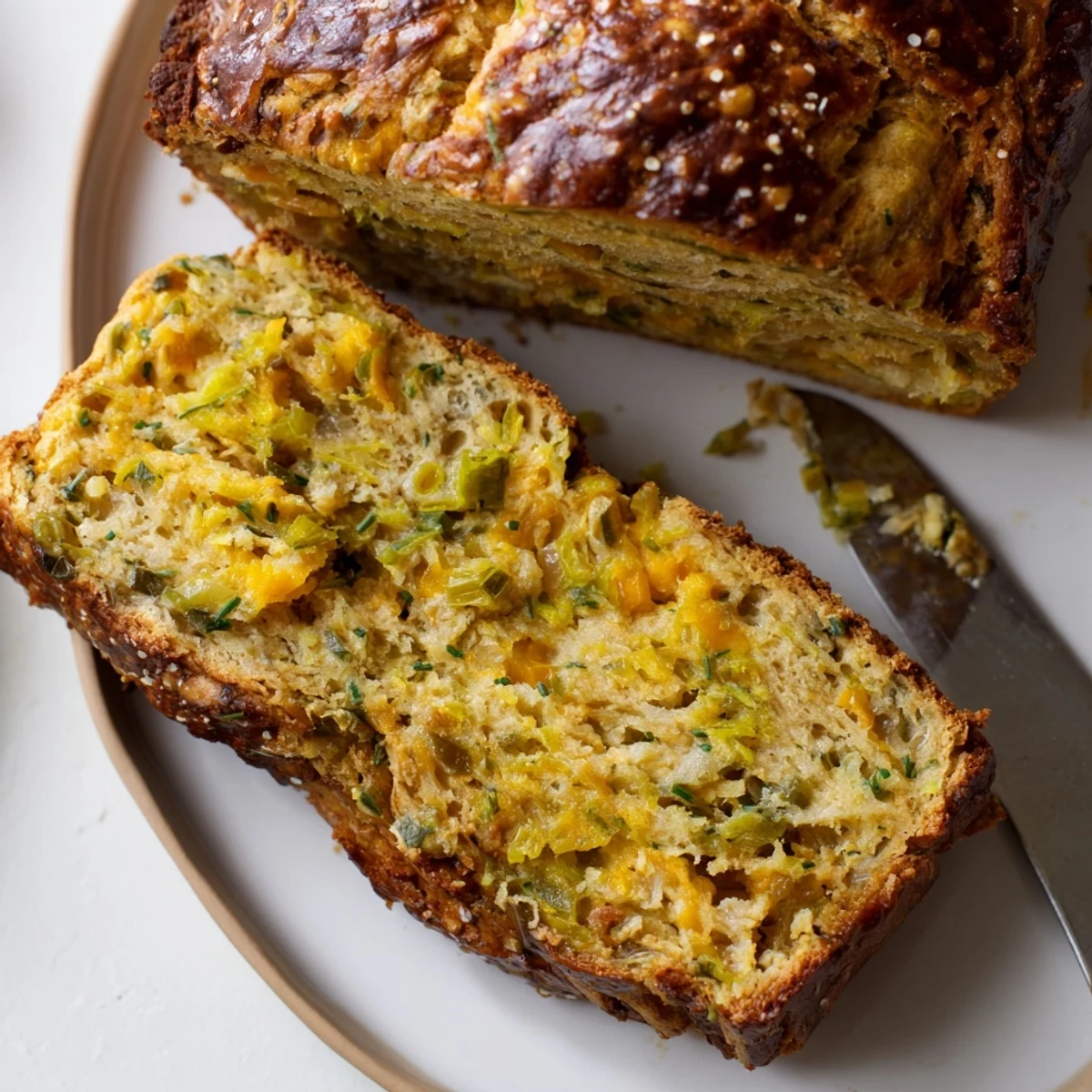 Savory Dill Pickle Cheddar Pretzel Muffin Loaf with golden crust and cheddar chunks.
