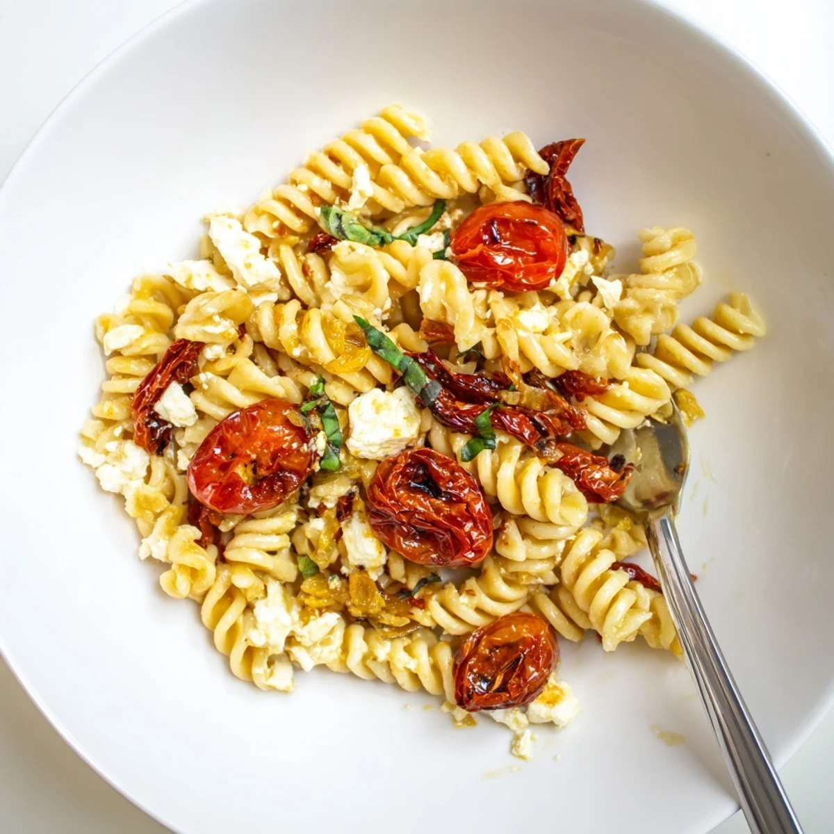 Creamy baked feta pasta topped with caramelized onions and sun-dried tomatoes.  