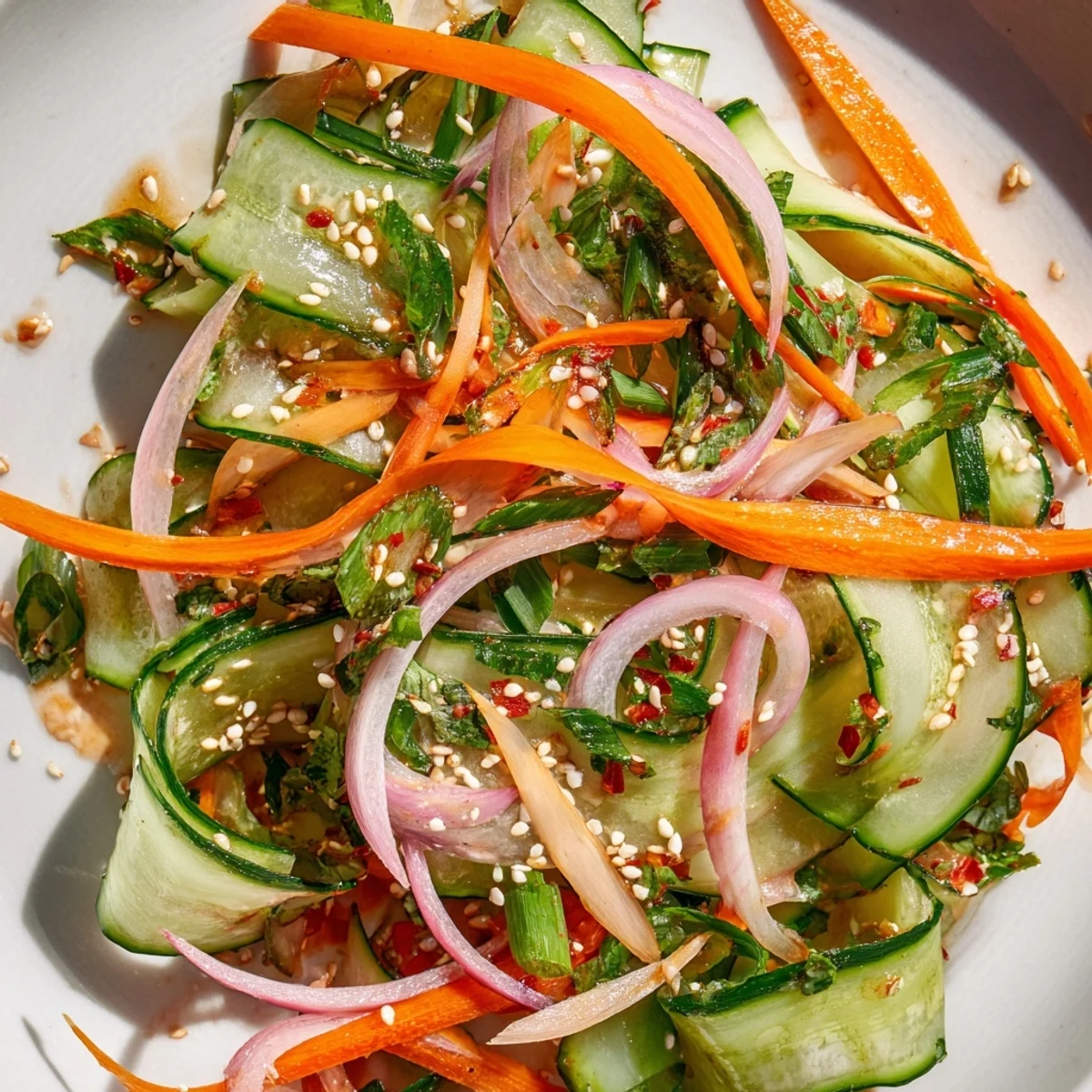 Colorful cucumber salad remix with carrots and scallions, topped with sesame seeds.