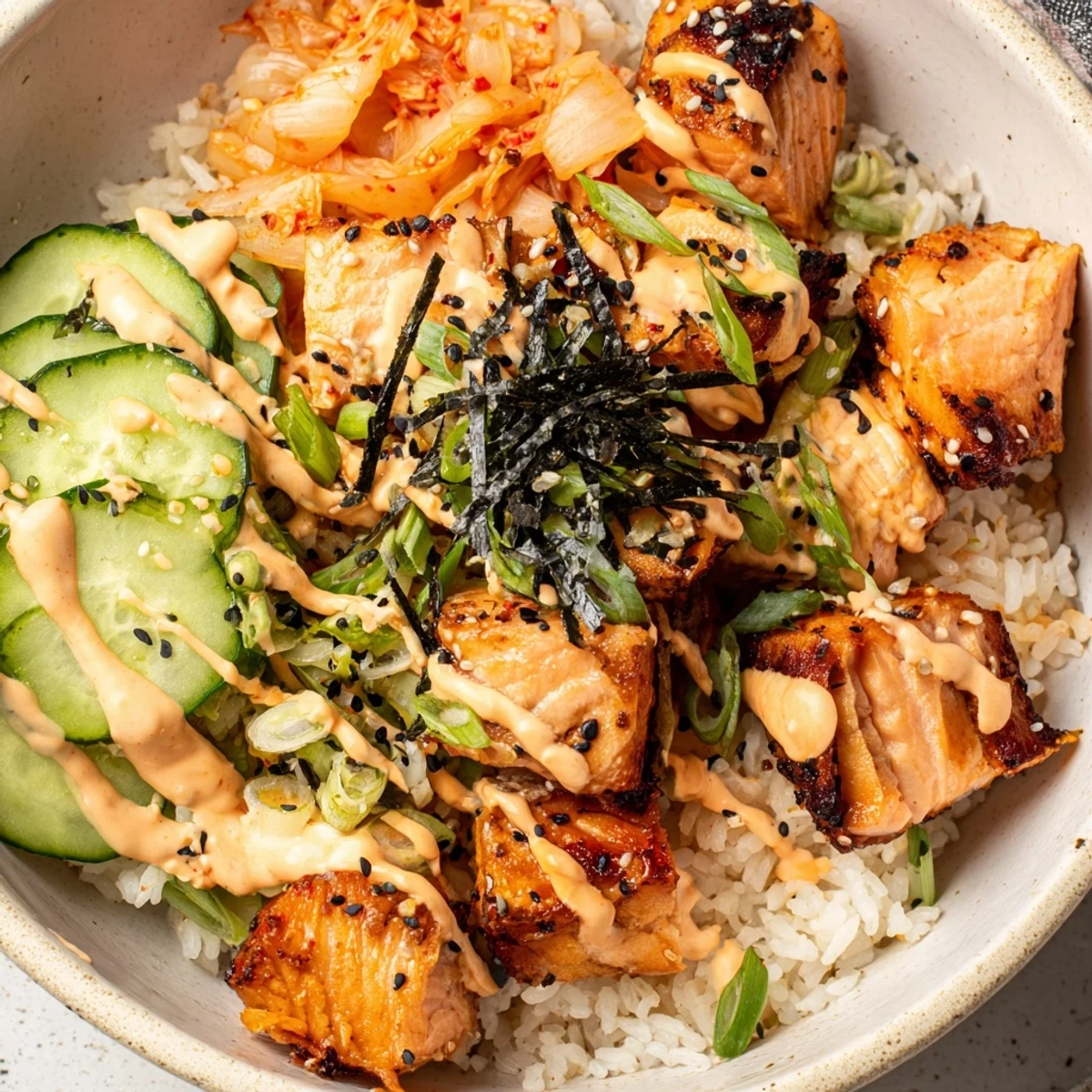A beautifully plated crispy salmon rice bowl with vibrant ingredients and spicy mayo.  