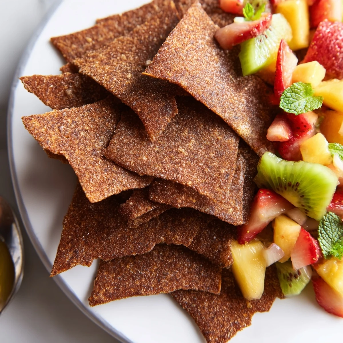 Crispy Dessert Chips & Salsa served with colorful, fresh fruit mix on a plate.  