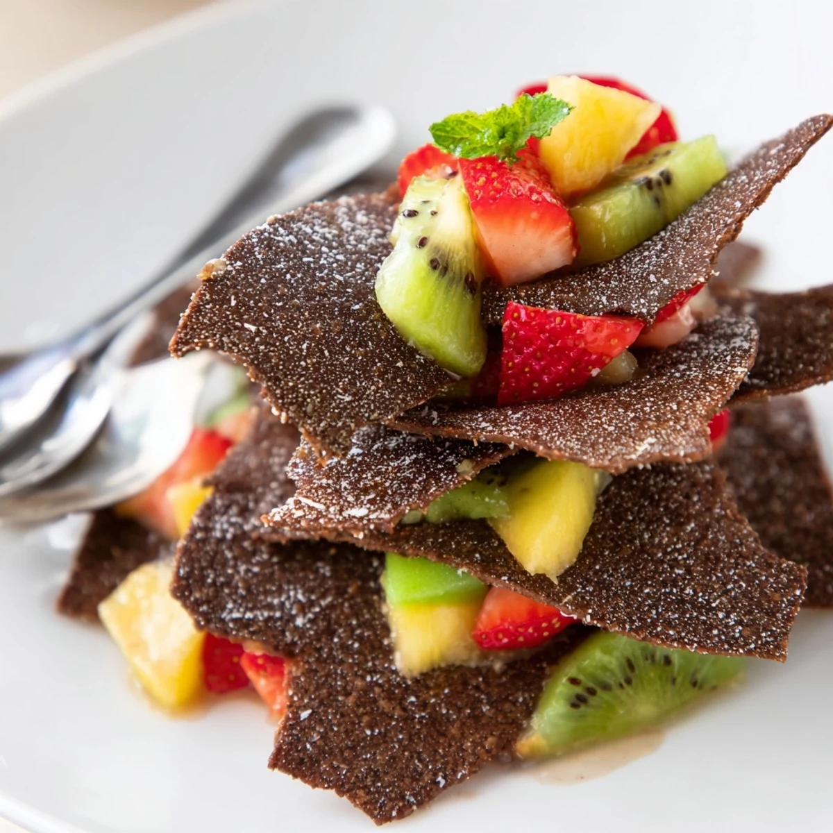 Delightful Dessert Chips & Salsa featuring chocolate tortilla chips and vibrant fruit salsa.  