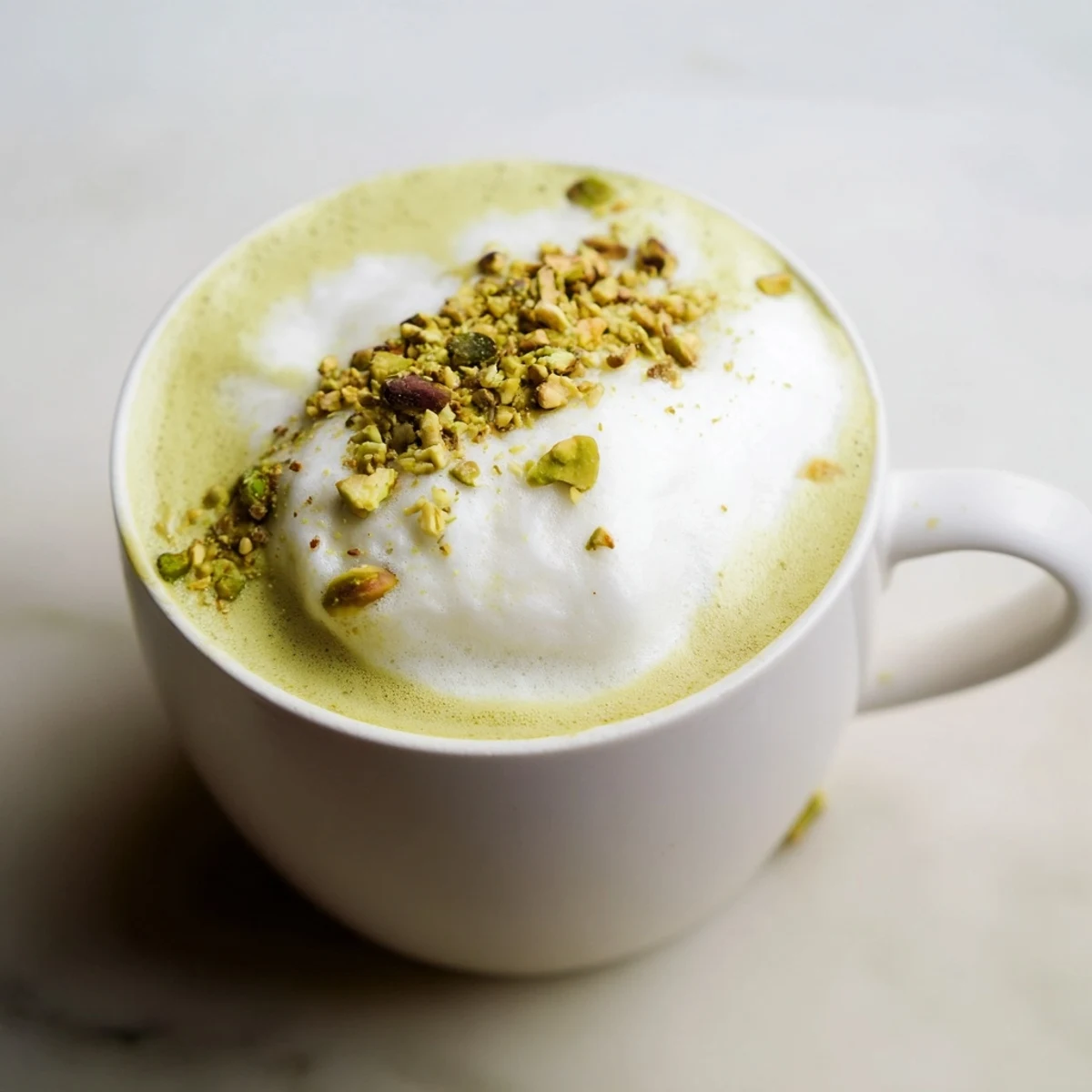 Pistachio milk latte served in a cup, featuring nutty flavors and creamy texture.