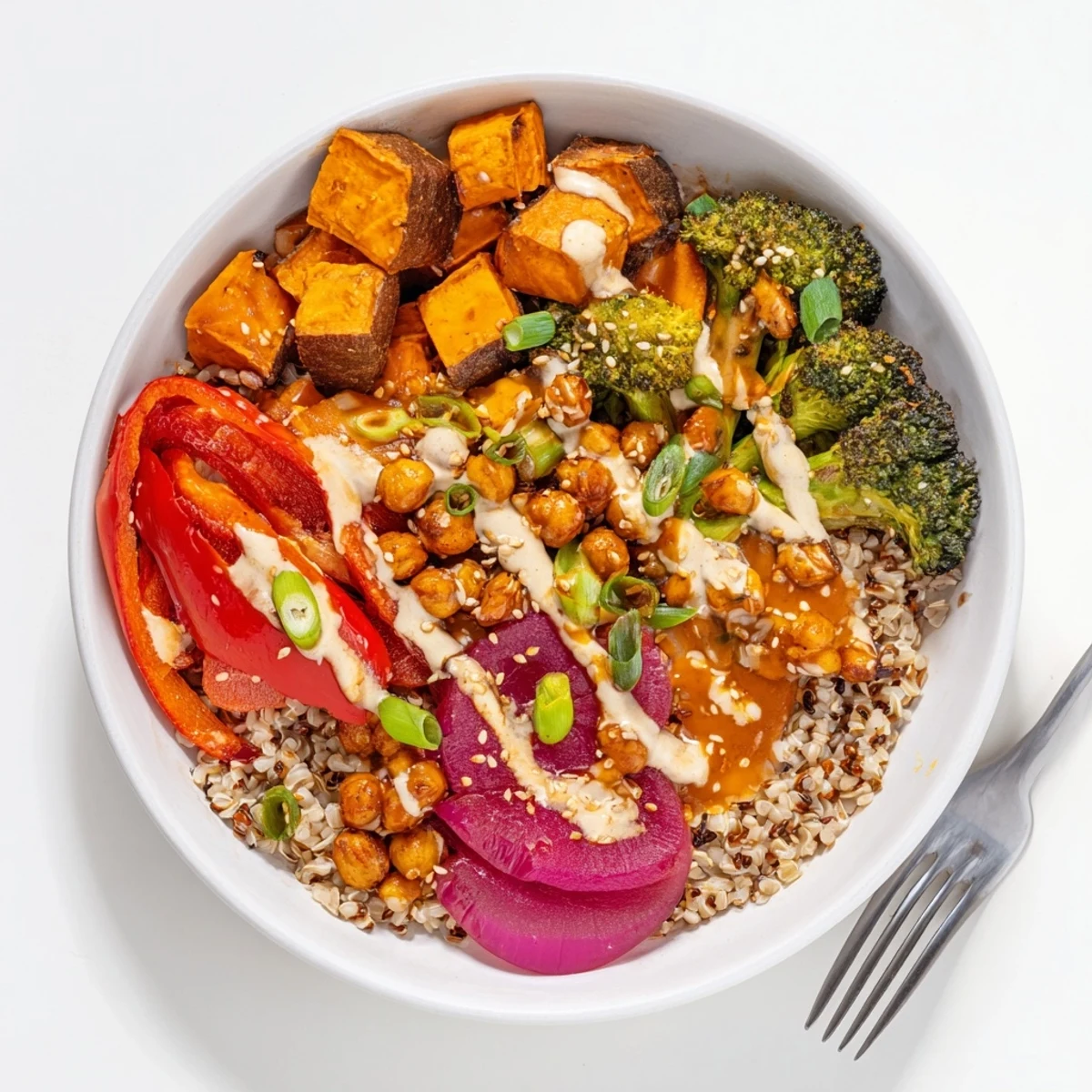 Vibrant Bold Sauce Drizzle Bowls topped with colorful veggies and flavorful miso-butter sauce.  