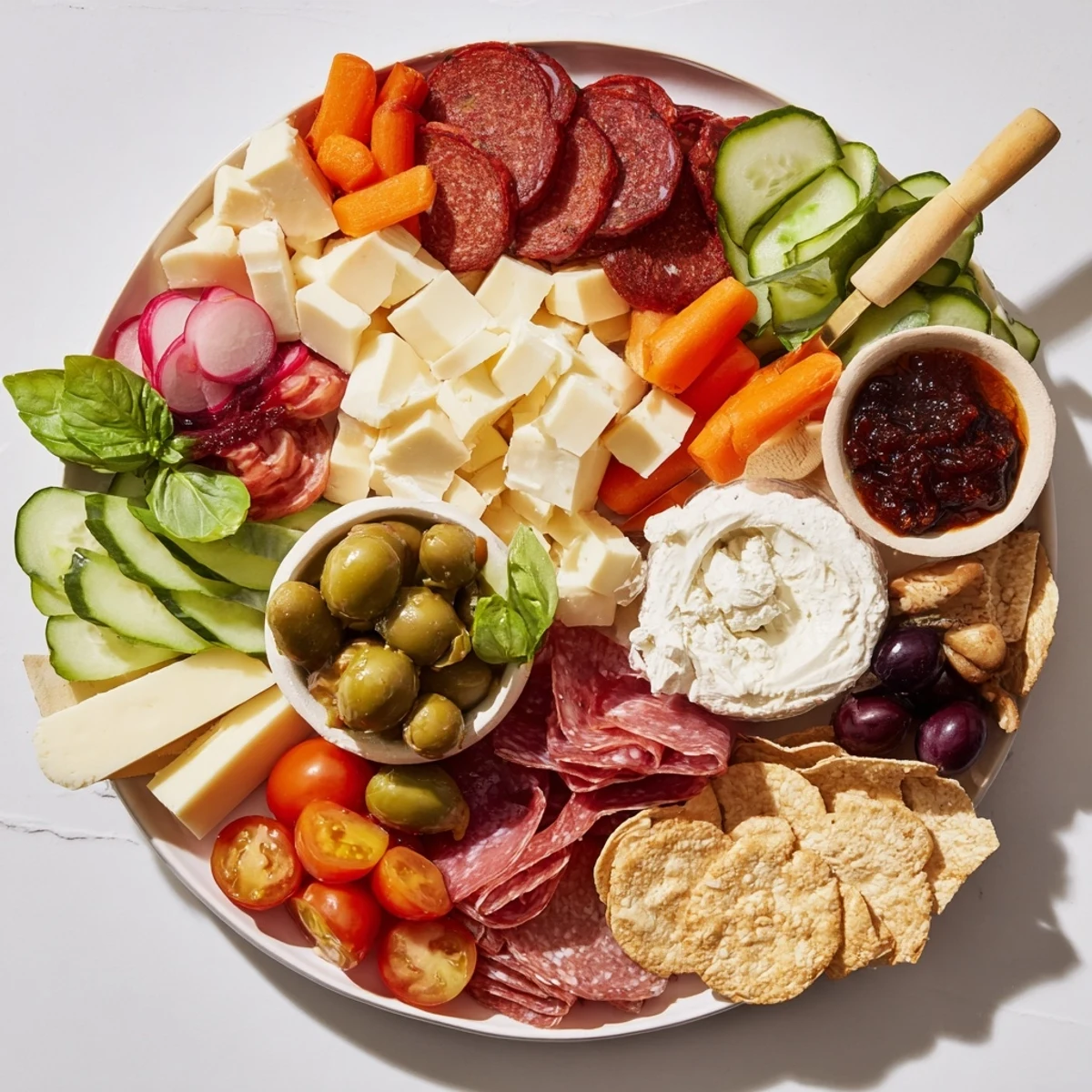 A vibrant Girl Dinner Platter featuring assorted cheeses, fruits, and crunchy snacks.  