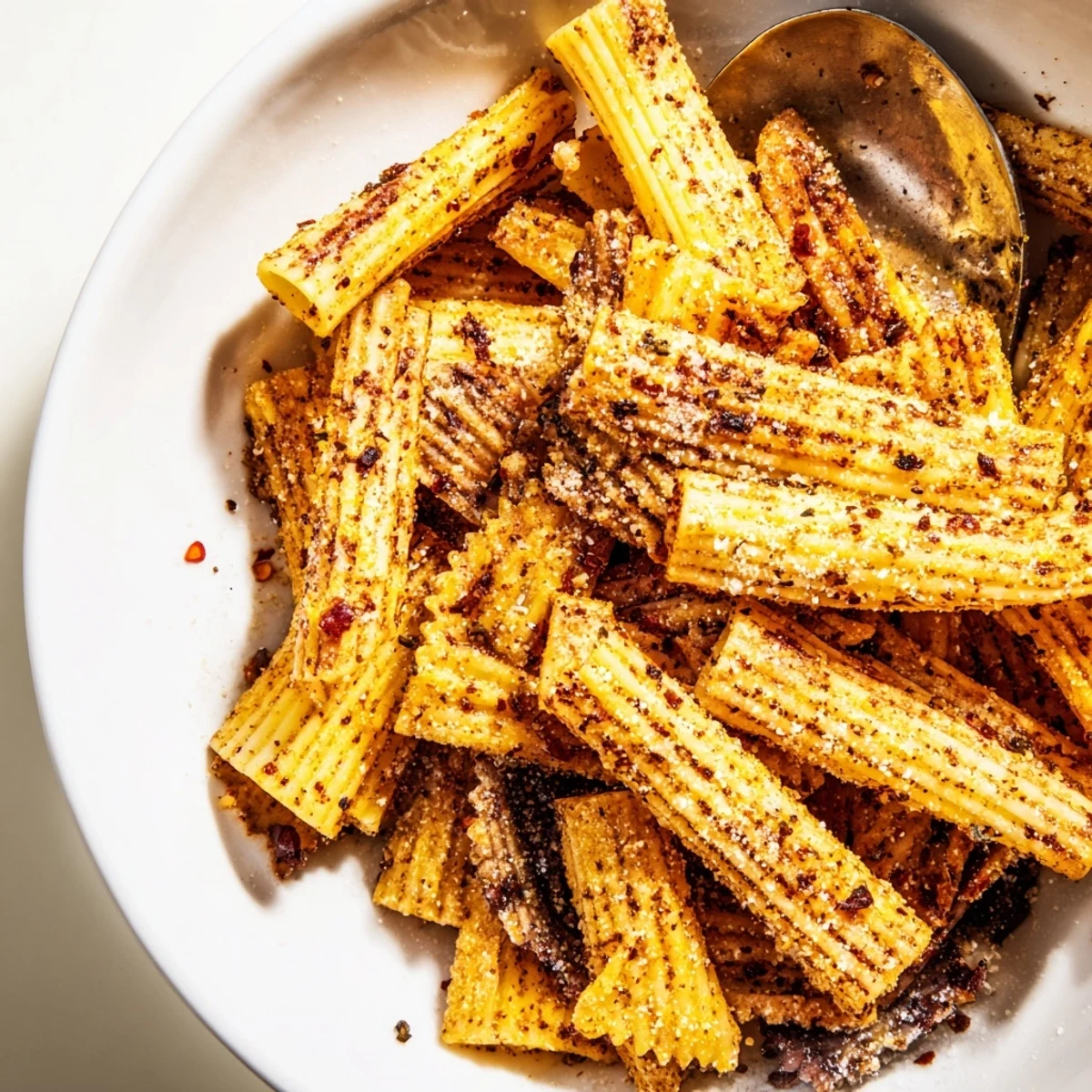 Golden-brown pasta chips tossed with spices, ideal for a game day treat.  