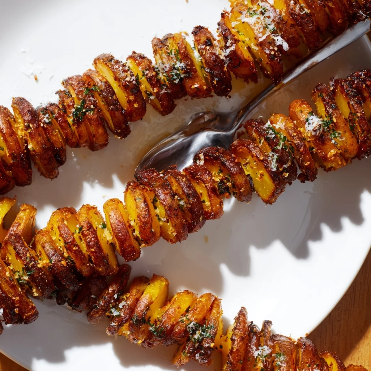 Crispy air-fryer tornado potatoes seasoned with garlic and paprika, perfect for snacking.  