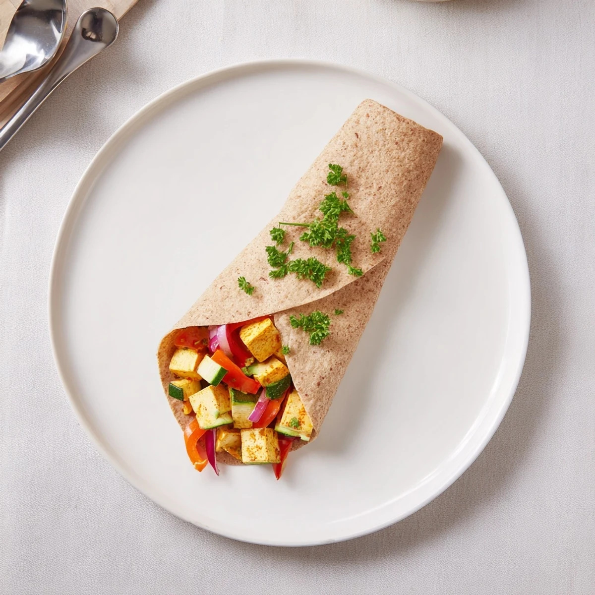 Vibrant vegan viral recipe featuring roasted tofu and colorful vegetables in wraps.  