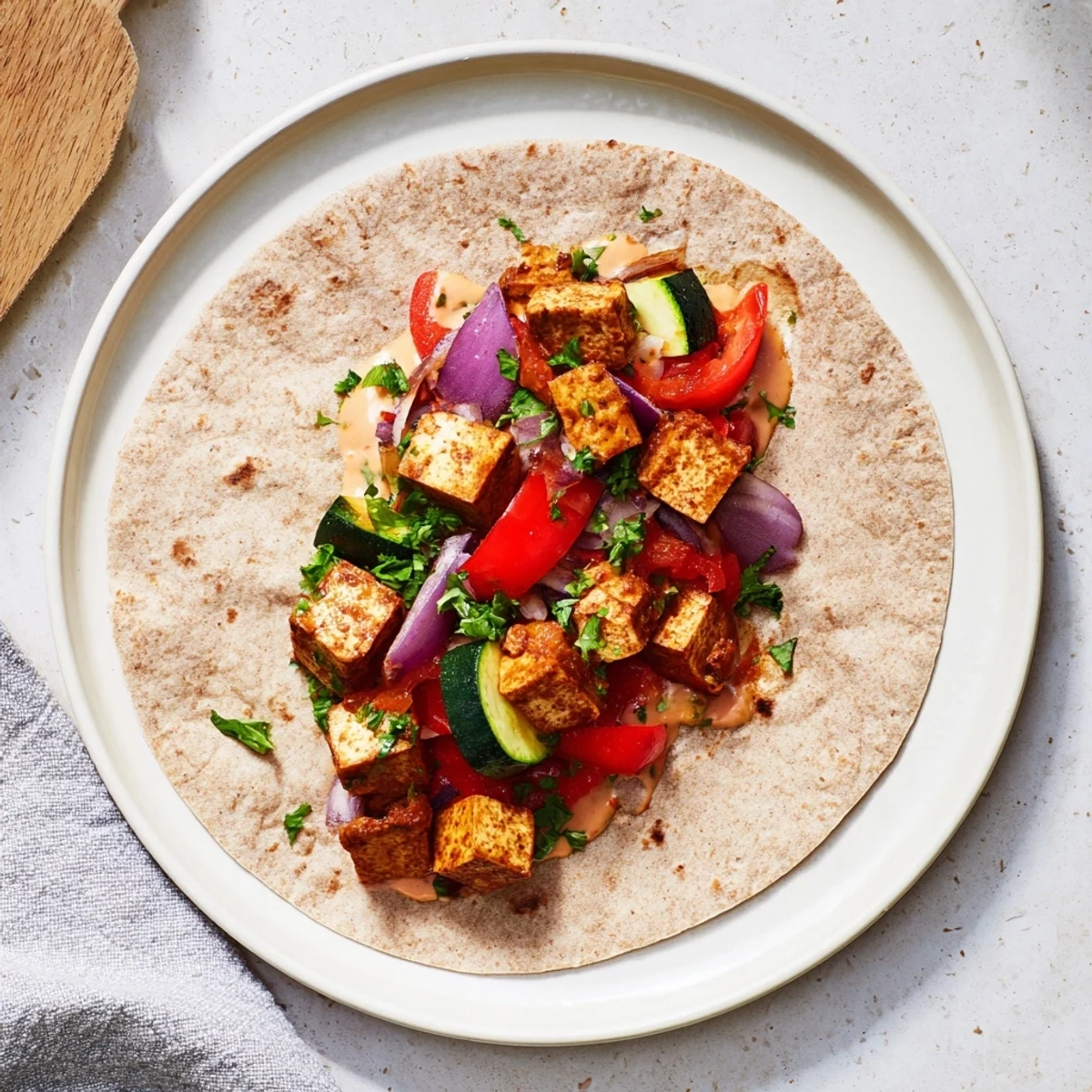 Delicious plant-based recipe with golden tofu, fresh veggies, and creamy tahini sauce.  