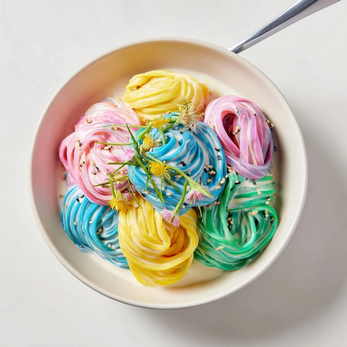 Vibrant Neon Noodle Cloud dish with colorful noodles in creamy sauce, perfect for parties.  