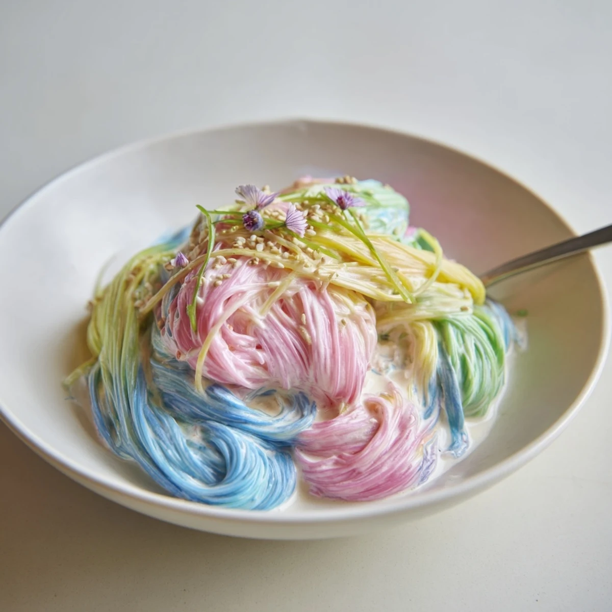 Whimsical Neon Noodle Cloud topped with scallions and edible flowers, delighting all ages.  