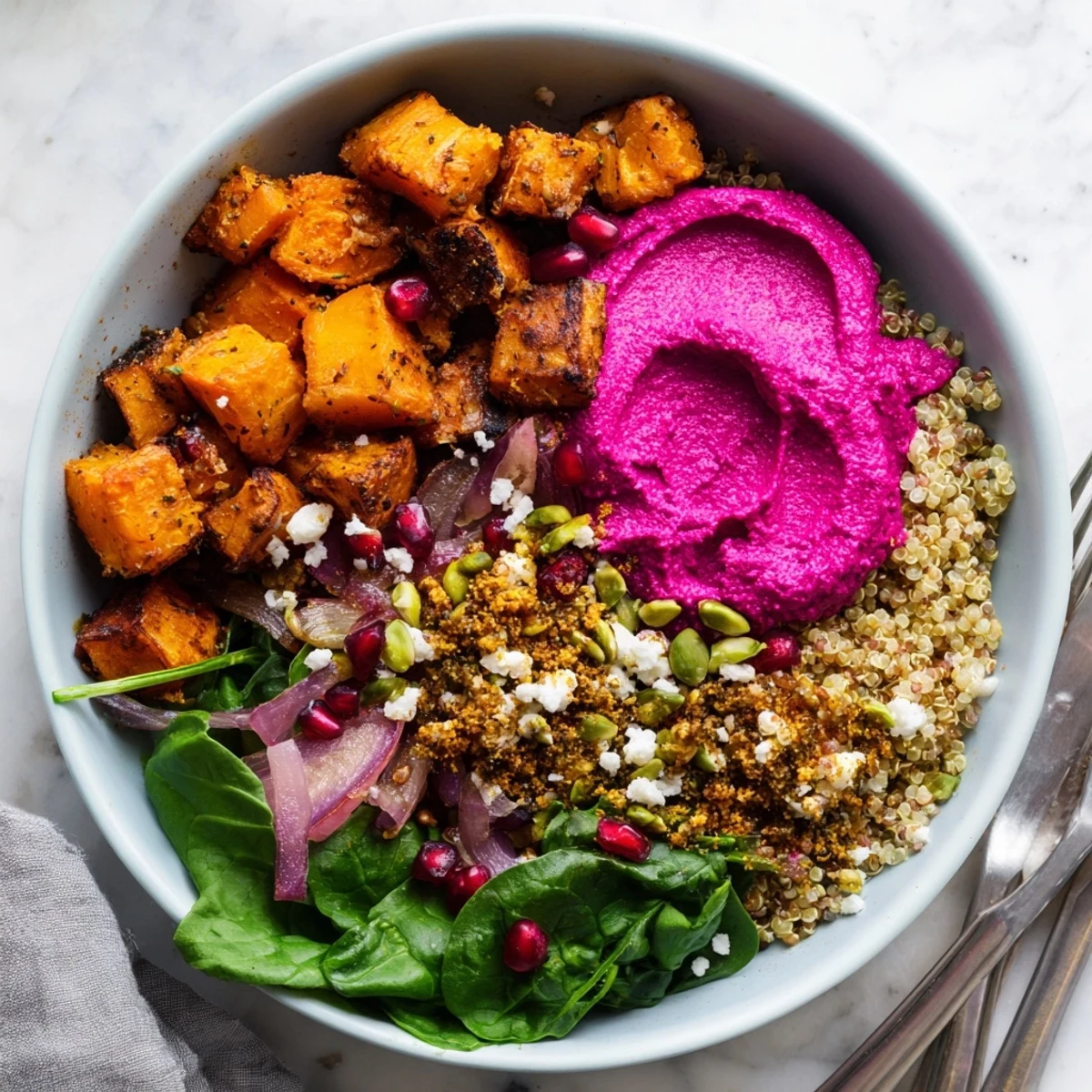 Cozy spiced winter bowls filled with roasted vegetables and creamy ube-coconut purée.  
