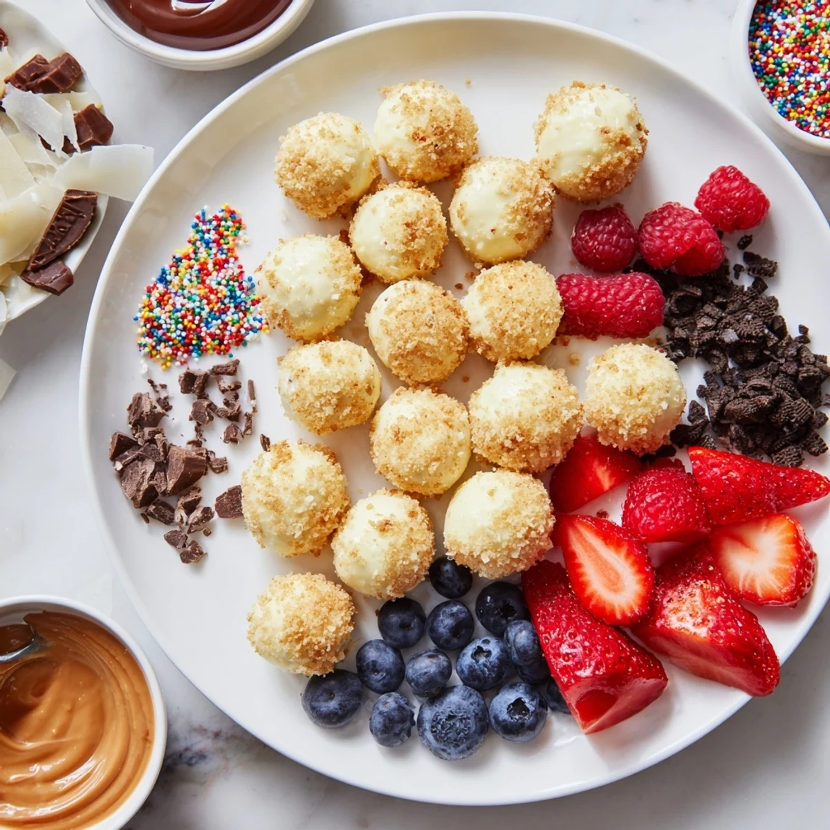 Deconstructed dessert board showcasing creamy cheesecake bites and fresh fruit toppings.  