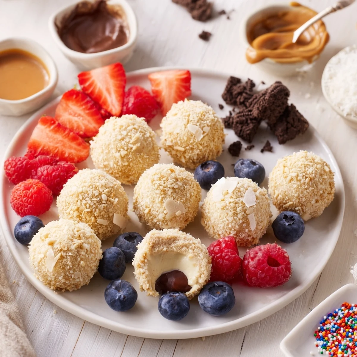 Delicious cheesecake bites artfully arranged, paired with assorted toppings for a festive treat.