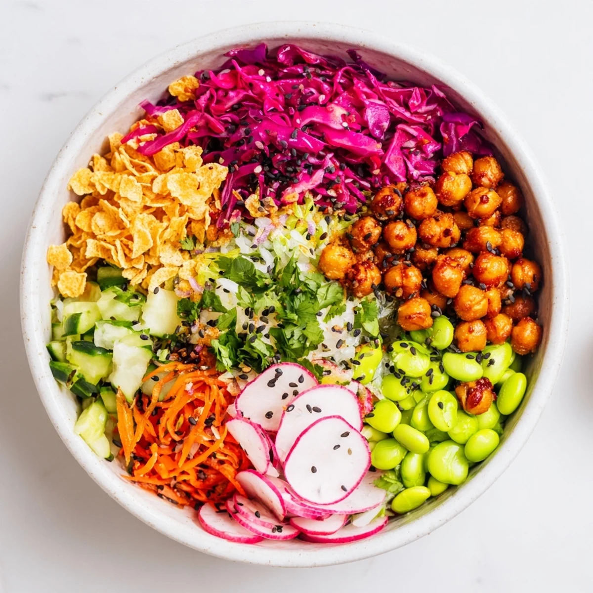Colorful ASMR Crunch Snack Bowls filled with vibrant veggies and crunchy toppings.  