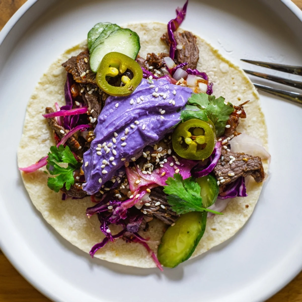 Vibrant Global Street-Food Fusion Tacos topped with fresh vegetables and ube crema.  