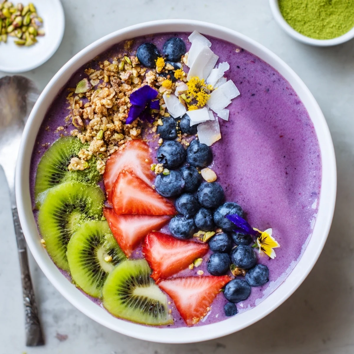Colorful vibrant smoothie bowls with pistachio and purple yam, topped with fresh fruits.