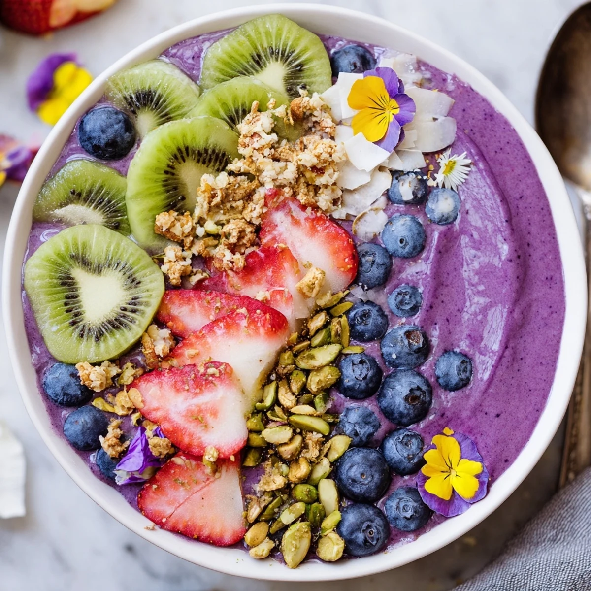 Deliciously unique smoothie bowls featuring creamy purple yam and crunchy pistachios for breakfast.