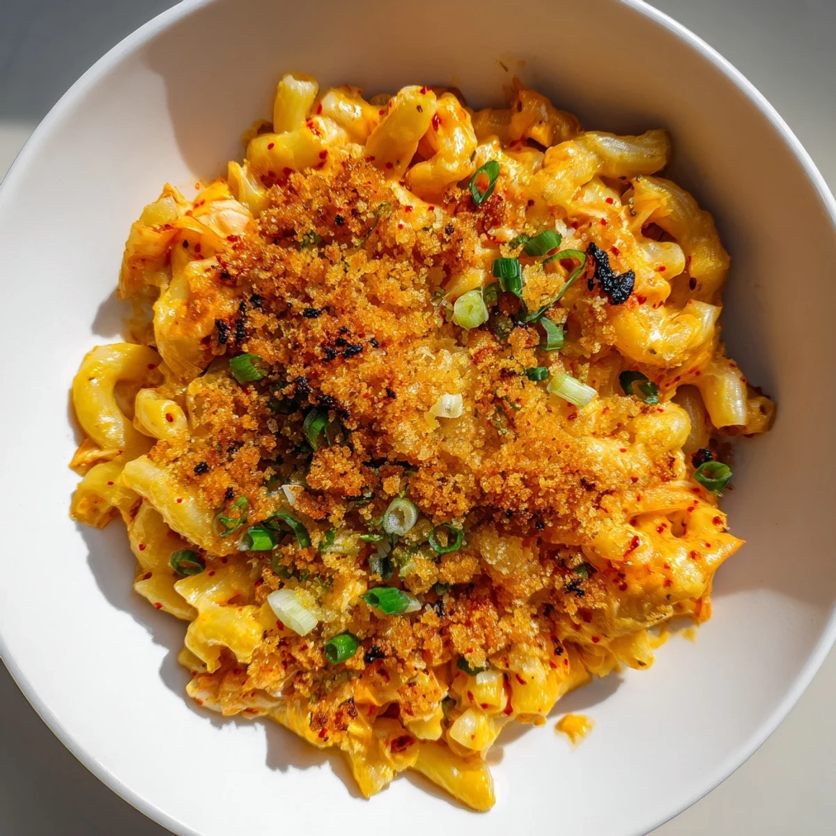 Creamy Spicy Kimchi Mac & Cheese topped with crunchy sesame for a flavorful twist.  