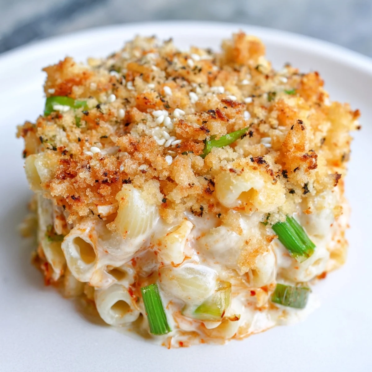 Baked Spicy Kimchi Mac & Cheese with a golden panko crust, perfect comfort food.