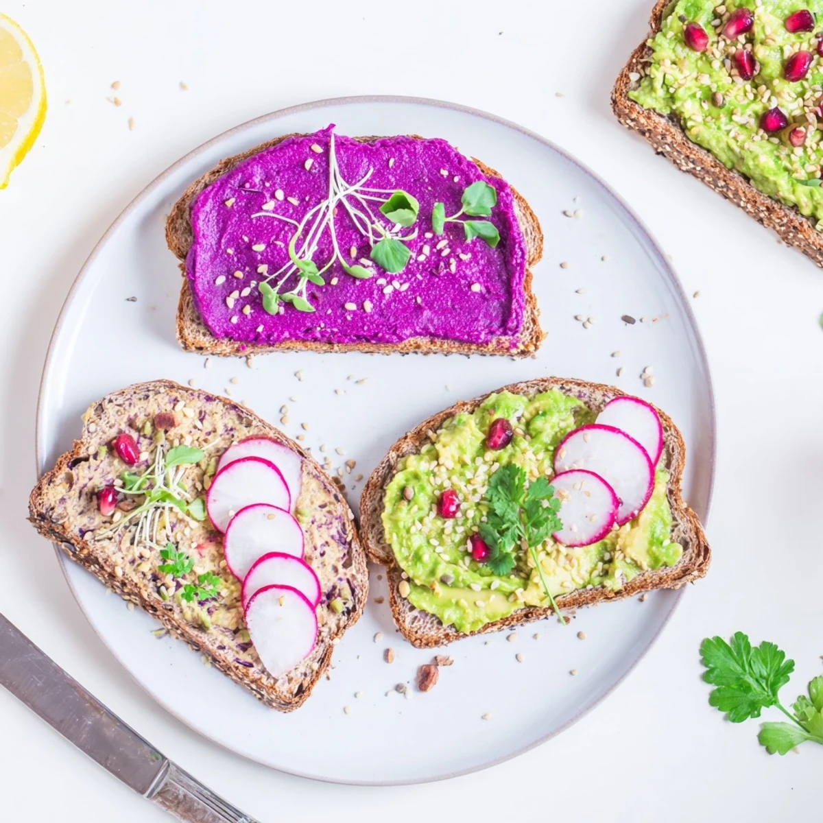 Vibrant Bright & Bold Breakfast Toasts topped with creamy ube and fresh avocado layers.  