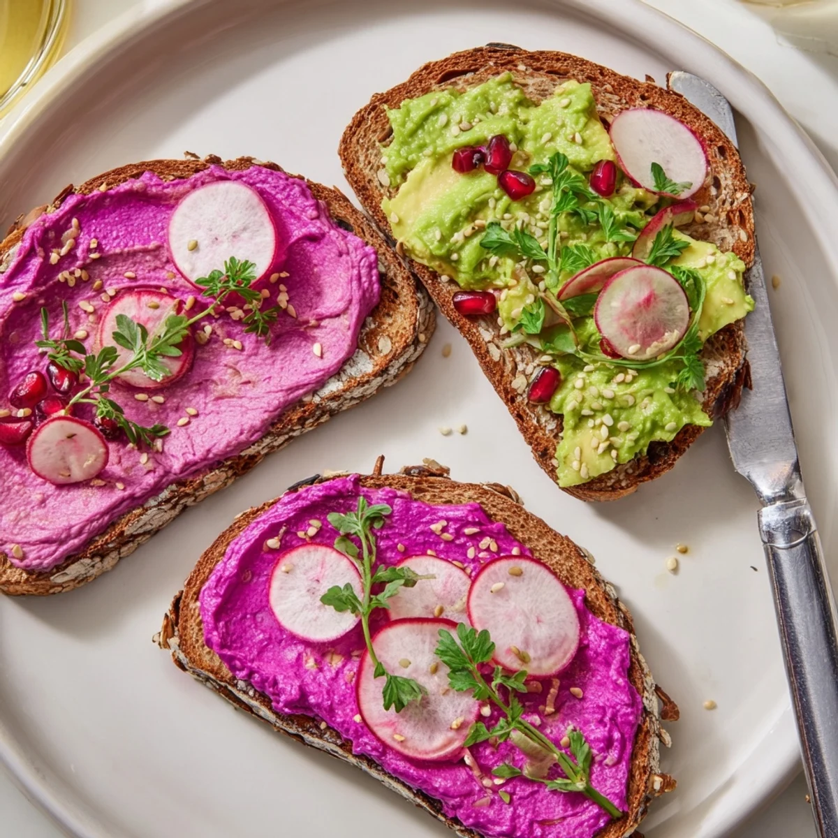 Colorful breakfast toasts with ube spread, avocado, and crunchy radish garnishes await you.  
