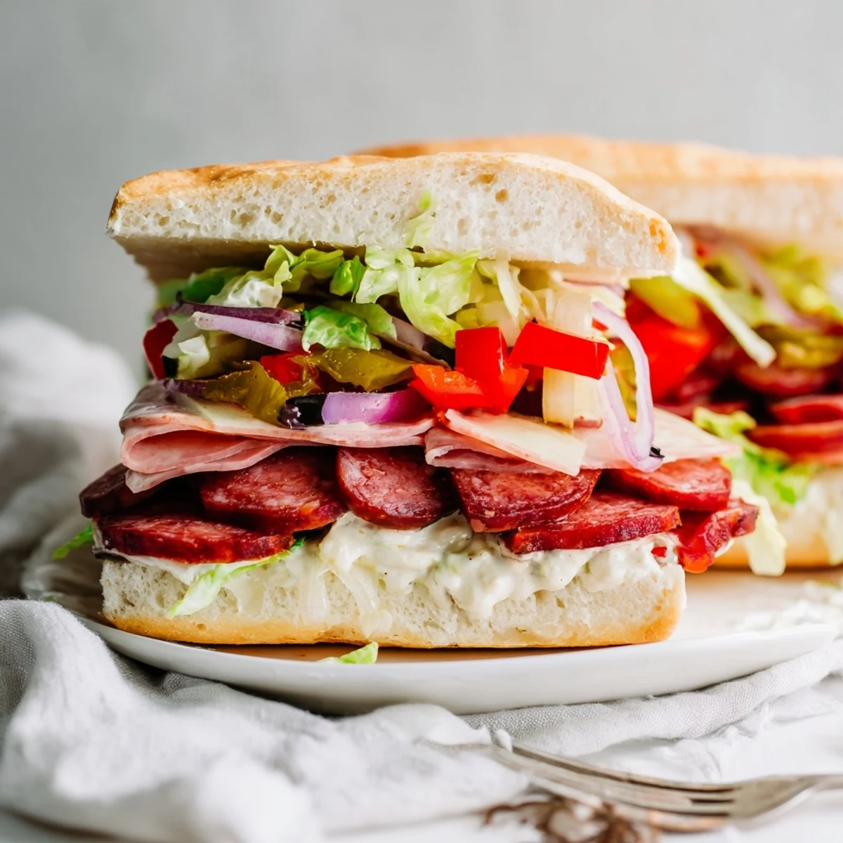 Vibrant Flavor Mash-Up Sandwiches piled high with deli meats and fresh veggies.  