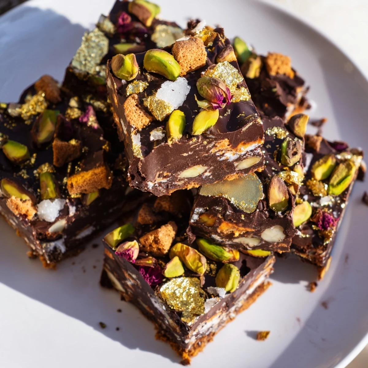 Decadent chocolate bar inspired creations topped with vibrant rose petals and pistachios.