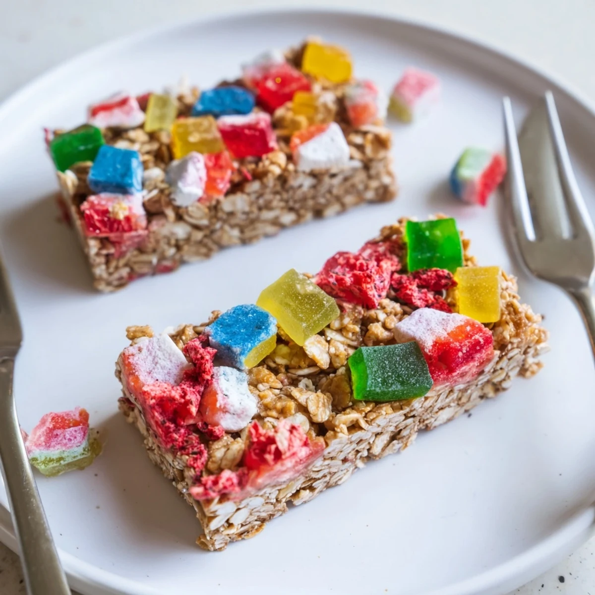 Colorful DIY snack bars topped with homemade gummies and freeze-dried candy treats.  