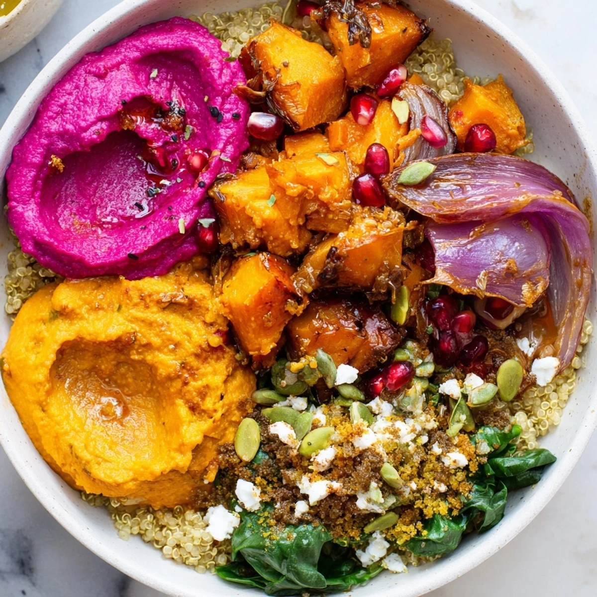 Cozy spiced winter bowls bursting with roasted vegetables and creamy ube-coconut purée.  