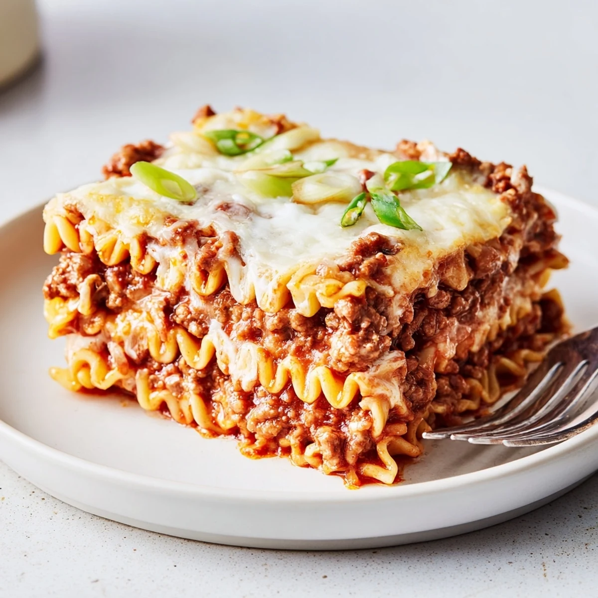 Savory Spicy Ramen Lasagna layered with flavorful ground pork and creamy cheese.  