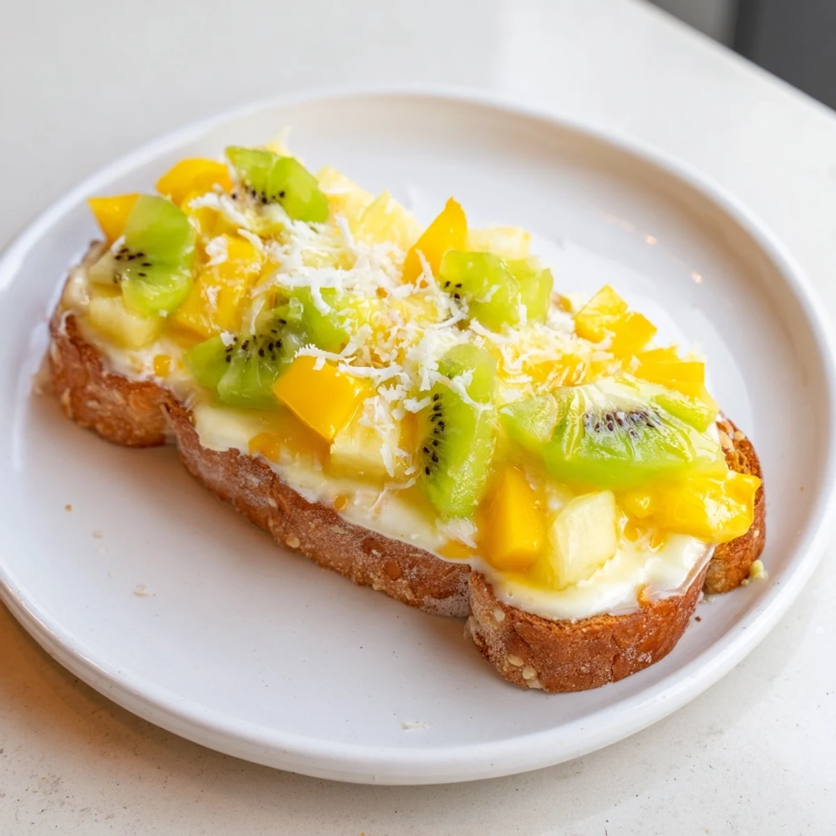 Creamy yogurt-custard toast topped with vibrant mango, pineapple, and kiwi slices.  