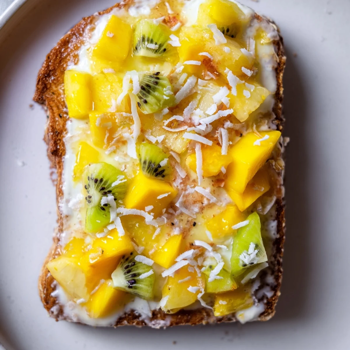 Golden-baked yogurt-custard toast featuring fresh fruit and a drizzle of honey.