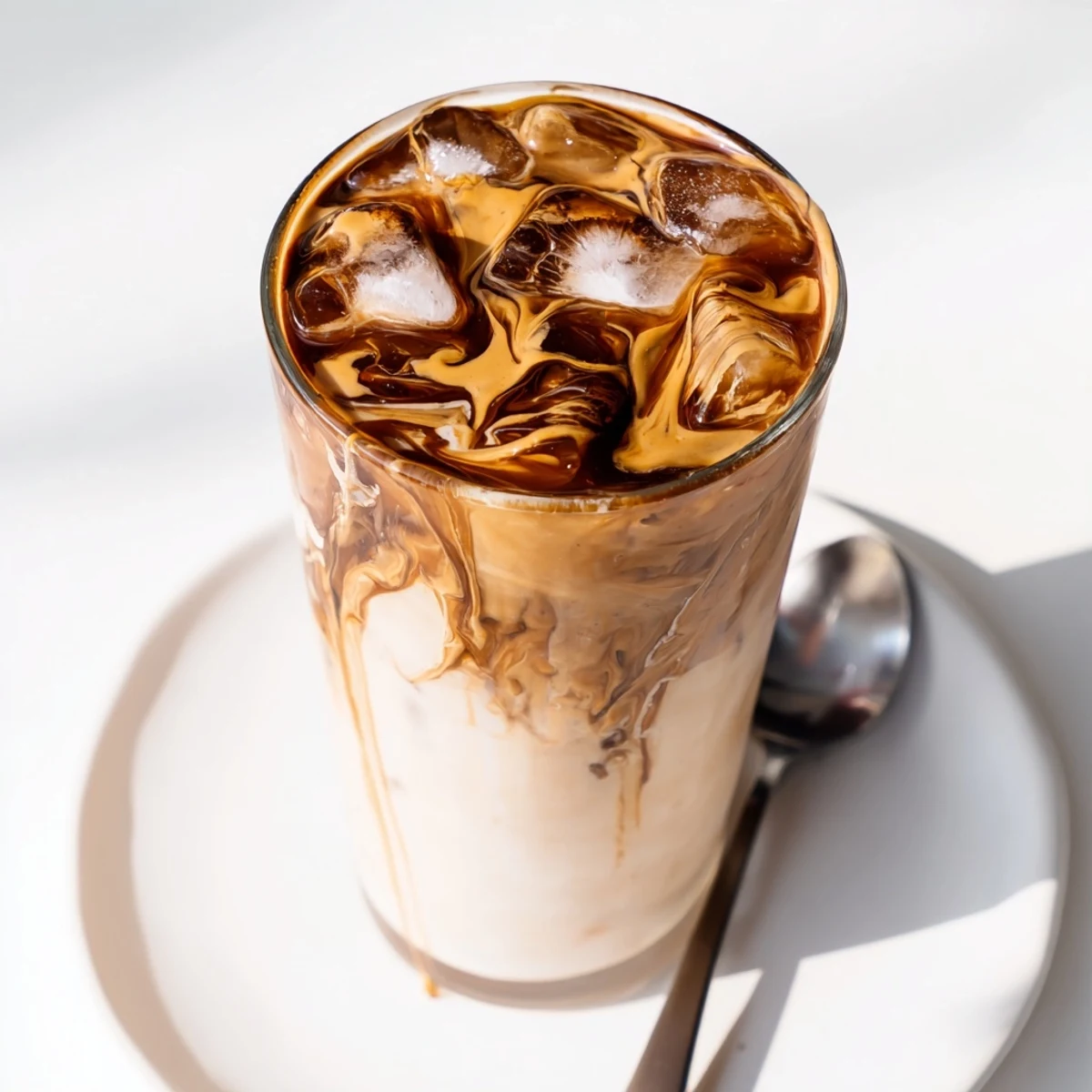 Creamy tahini iced coffee topped with plant-based milk and ice cubes.  