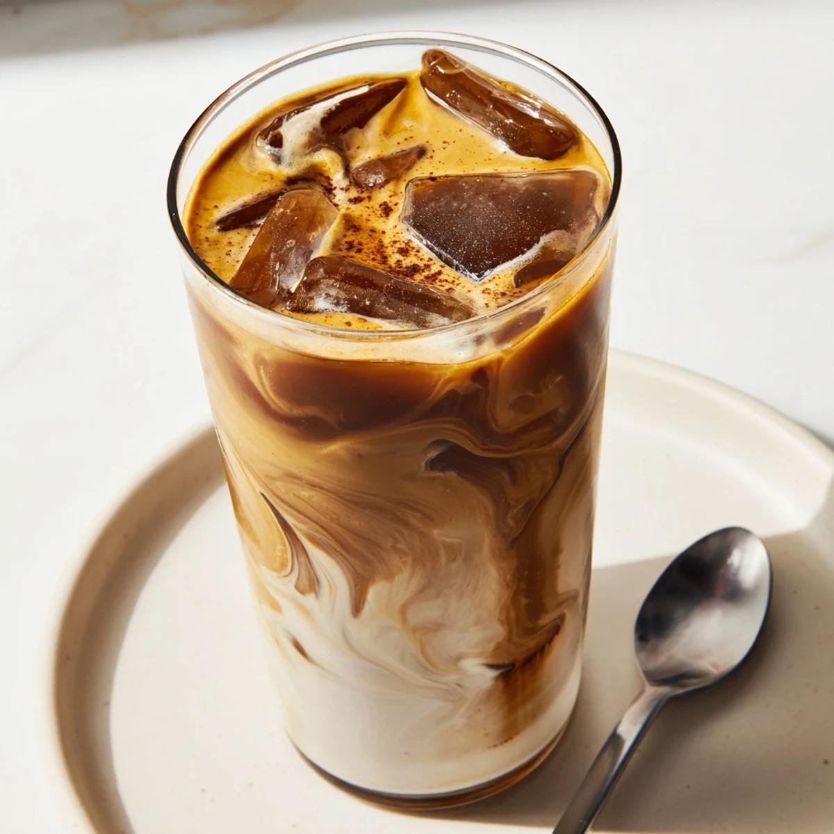 Rich and smooth tahini iced coffee, a delightful vegan beverage treat.
