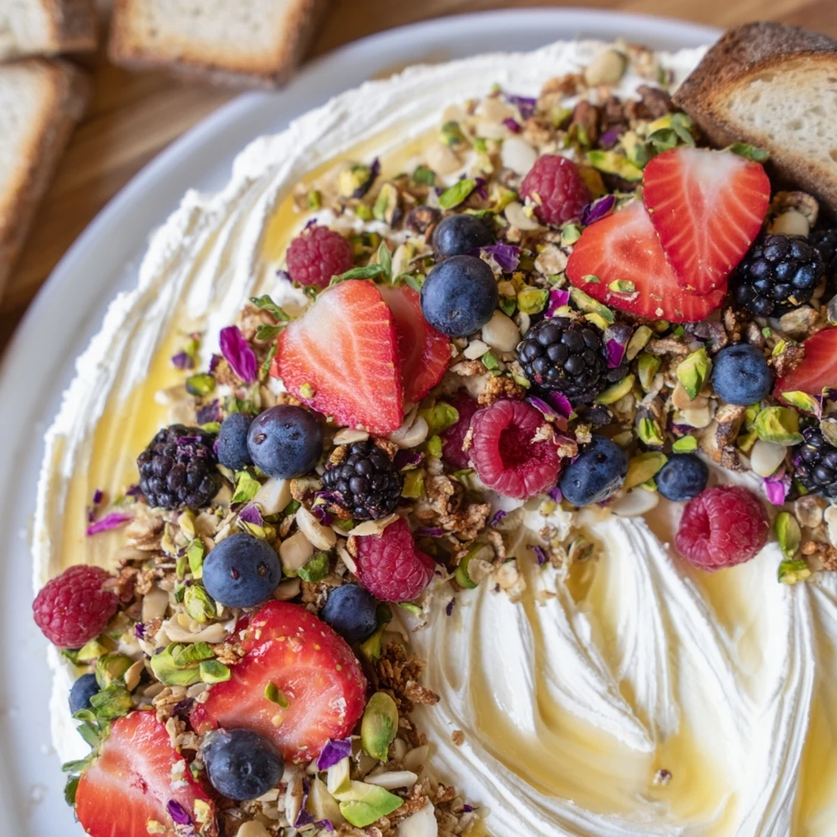 A colorful Butter Board Dessert featuring whipped cream cheese and fresh berries.  