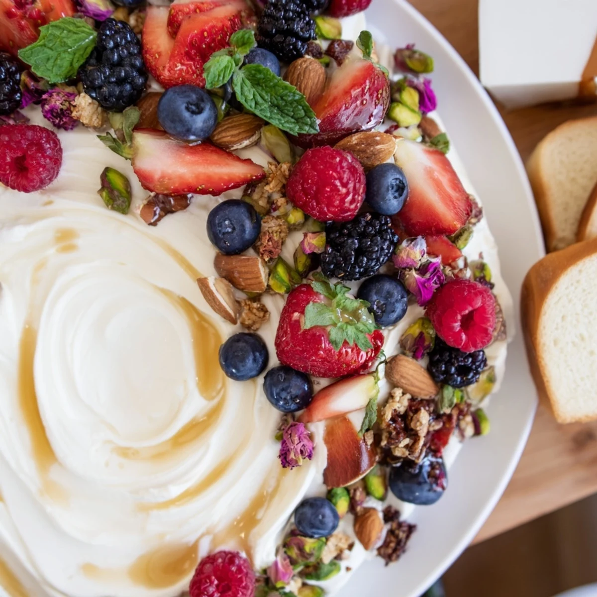 Indulge in a delightful Butter Board Dessert with whipped cream, berries, and nuts.