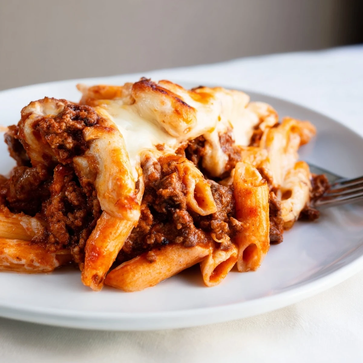 Hearty Cheesy Beef & Penne Bake with bubbling cheese, perfect for cozy family dinners.  