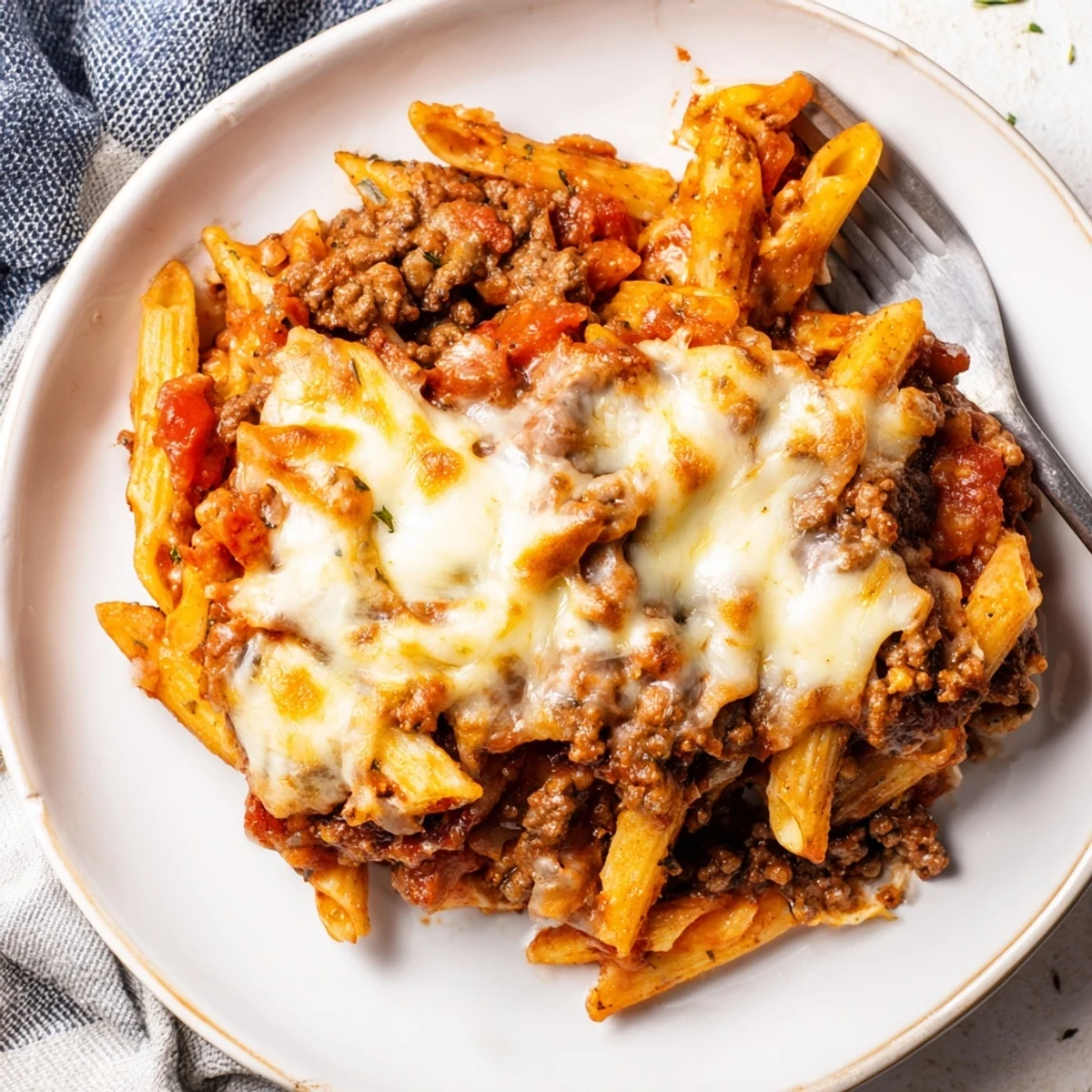 Golden, melty Cheesy Beef & Penne Bake served with crusty bread and fresh salad.  