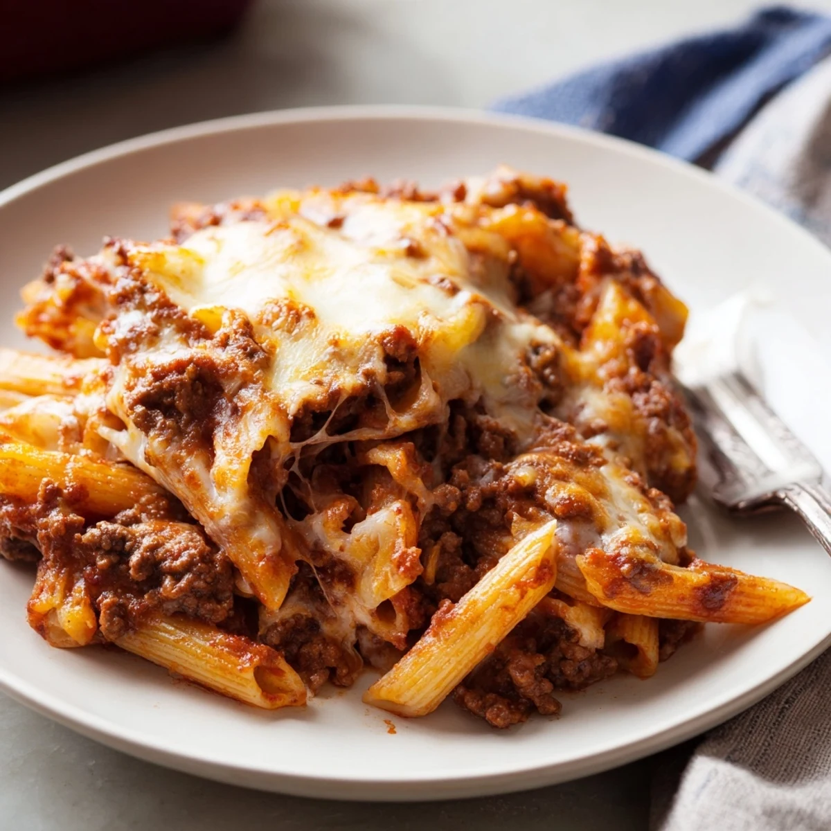 Savory Cheesy Beef & Penne Bake topped with rich tomato sauce and gooey cheese.