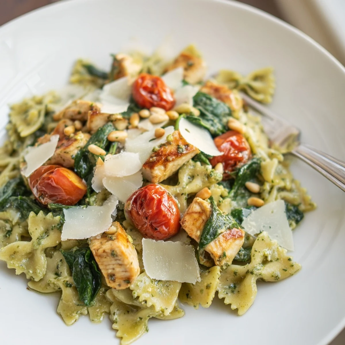 A vibrant Pesto Chicken Bowtie Pasta dish topped with fresh basil and pine nuts.  