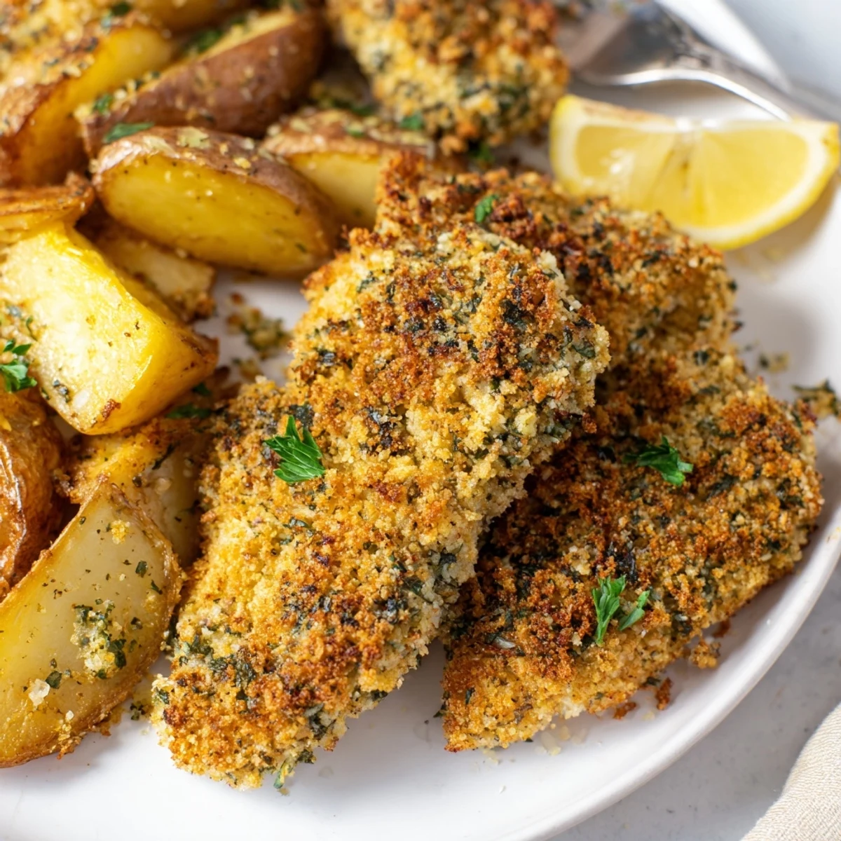 Golden-brown potato wedges alongside tender chicken tenders, bursting with fresh herb flavors.  