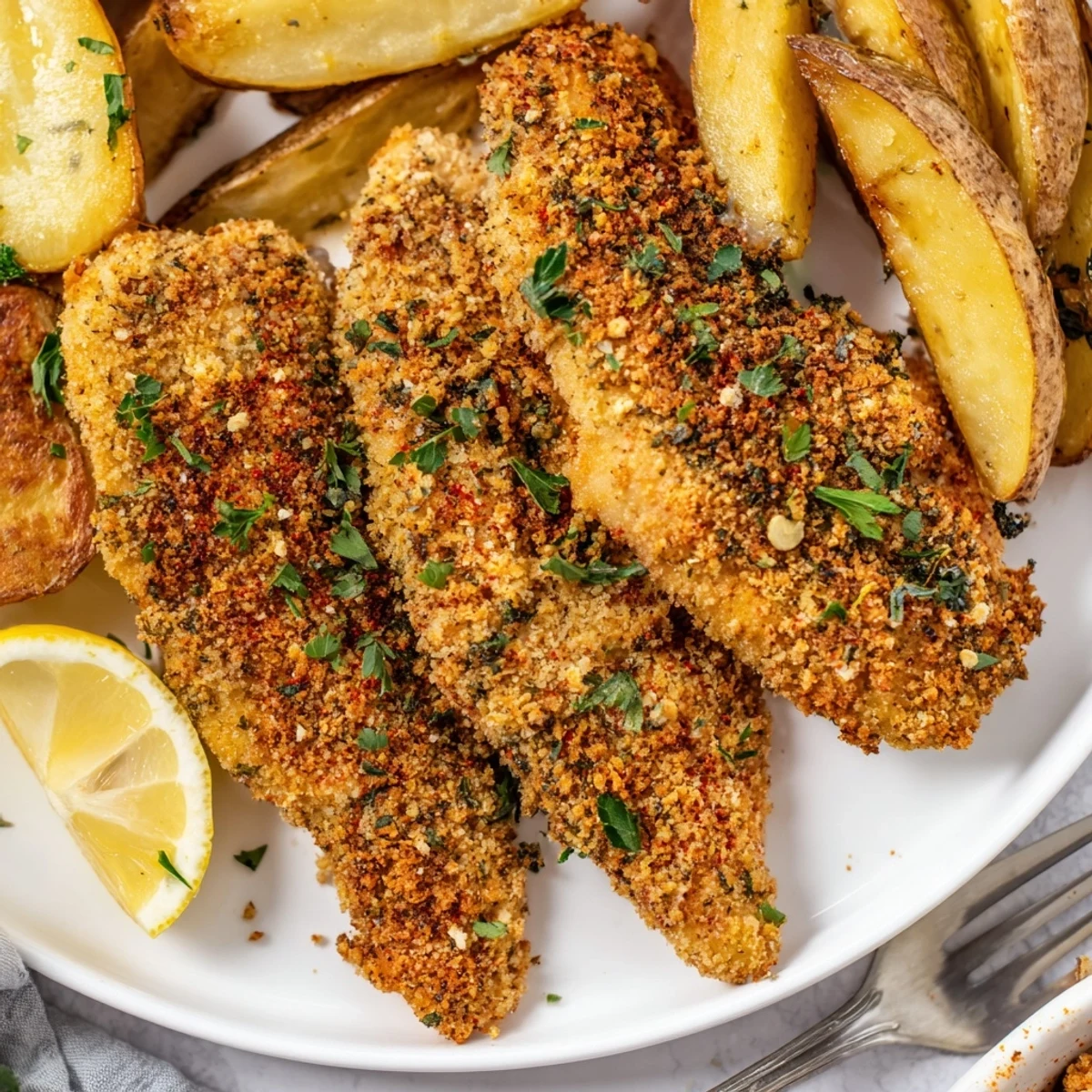 Delicious herbed chicken tenders and crunchy potato wedges served with lemon garnish.