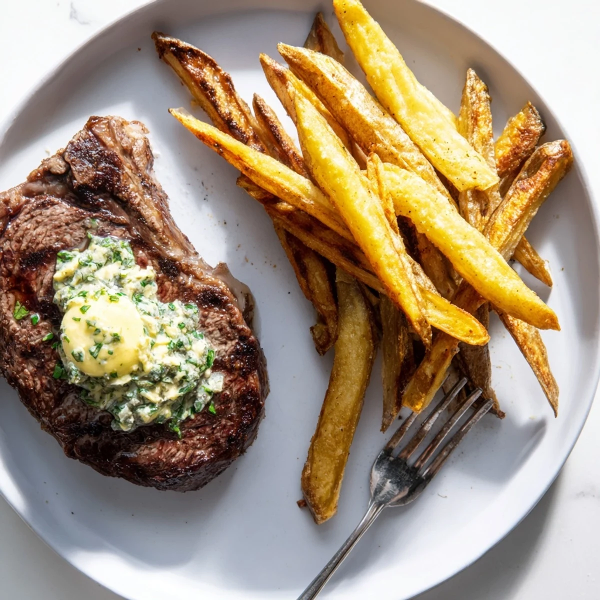 Rich garlic butter melting over juicy steak, served alongside golden crispy fries.  