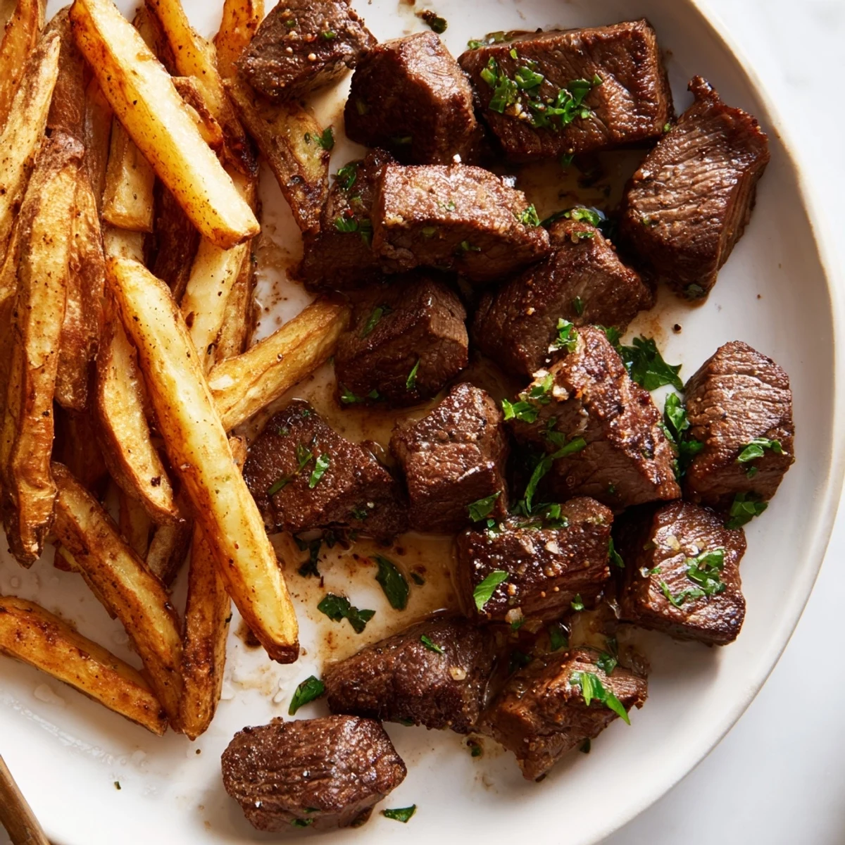 Juicy blackened Cajun steak bites served with crispy golden fries on a plate.  