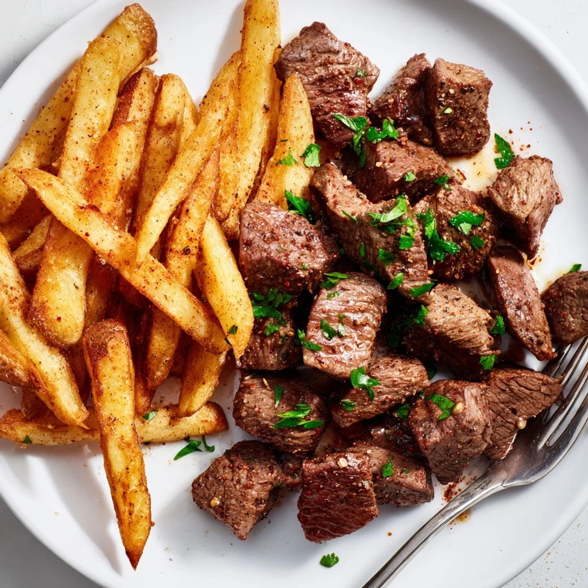 Savory blackened Cajun steak bites garnished with fresh parsley beside crispy fries.  
