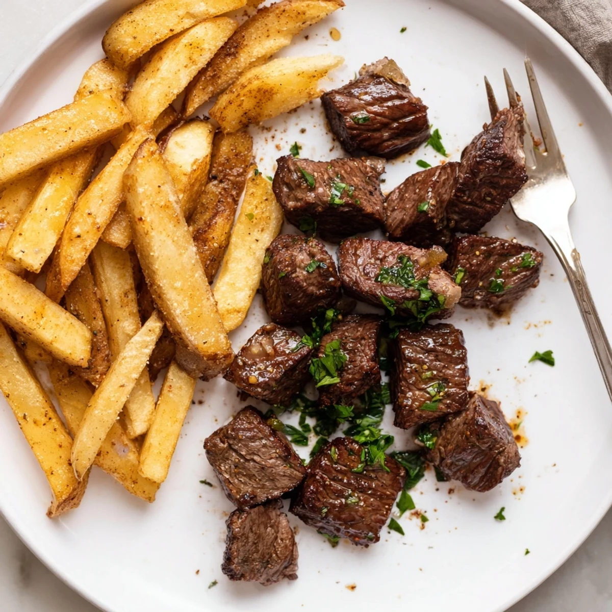 Flavorful blackened Cajun steak bites sizzling in a skillet, paired with hot fries.