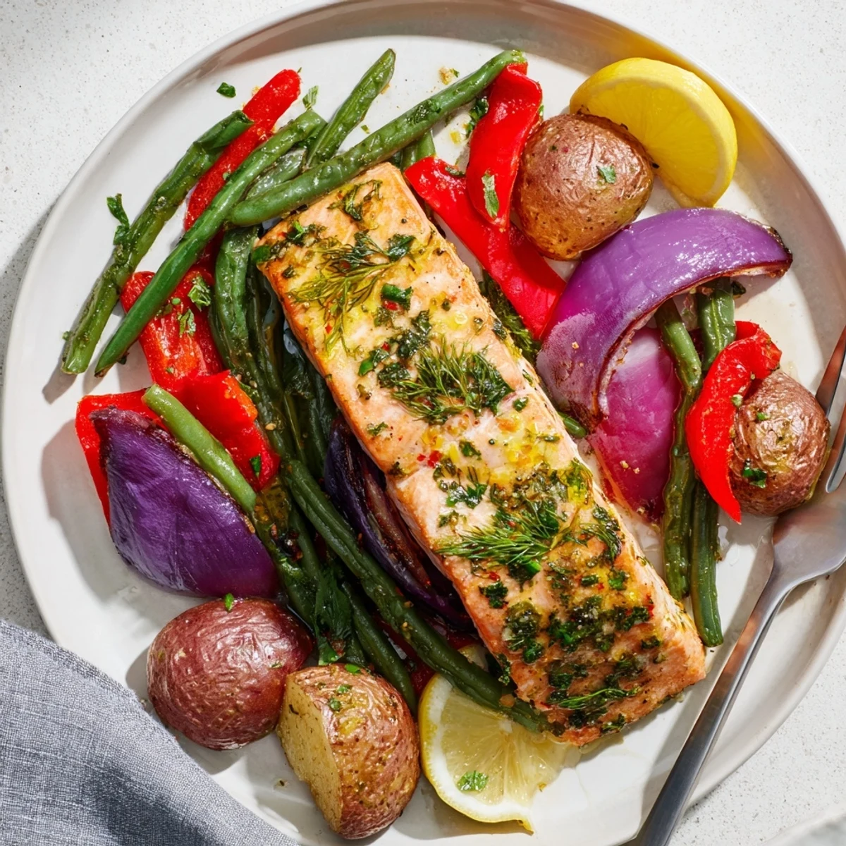 Vibrant Lemon Herb Salmon & Potato Sheet Pan perfect for a quick weeknight dinner.  